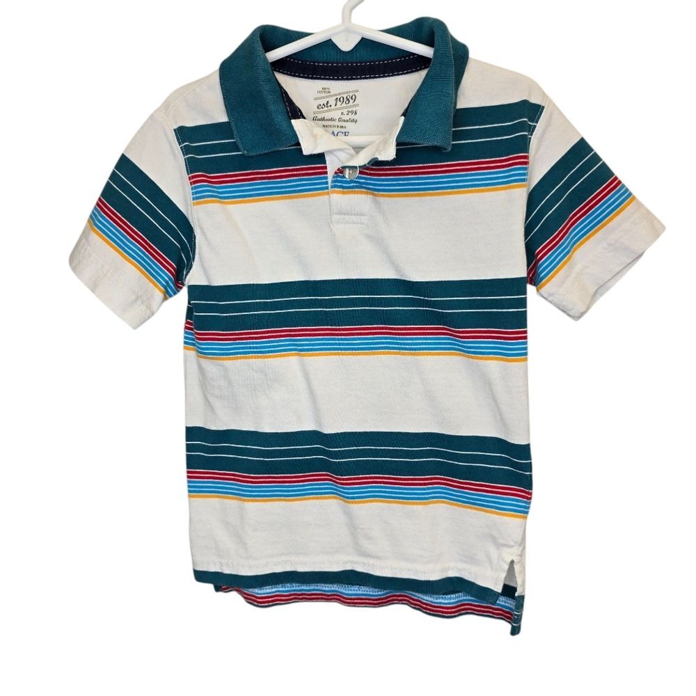 Childrens Place Boys XS 4 Striped Teal Multicolor Short Sleeve Polo Shirt